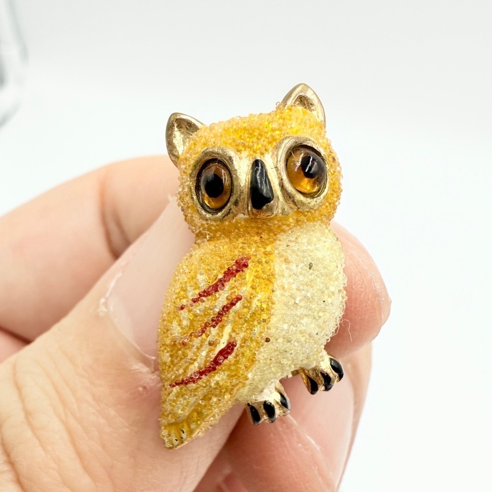 Vintage Signed Owl Brooch – Made in Korea Beaded Gold-Tone with Amber Eyes